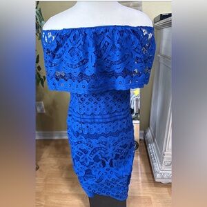 Sharagano Blue Lace Off Shoulder Midi Dress Size 2 Elegant Fitted